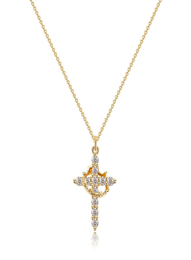 Robaice Gold Crown Cross Necklace for Women, Gold-Plated Christian Faith Necklace with Diamond Accents - Image 1